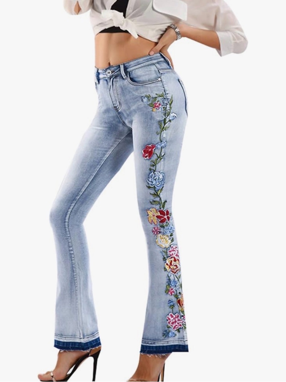 Floral Embroidered Flare Bell Bottom Jeans,Vintage-Inspired Retro Denim Pants
